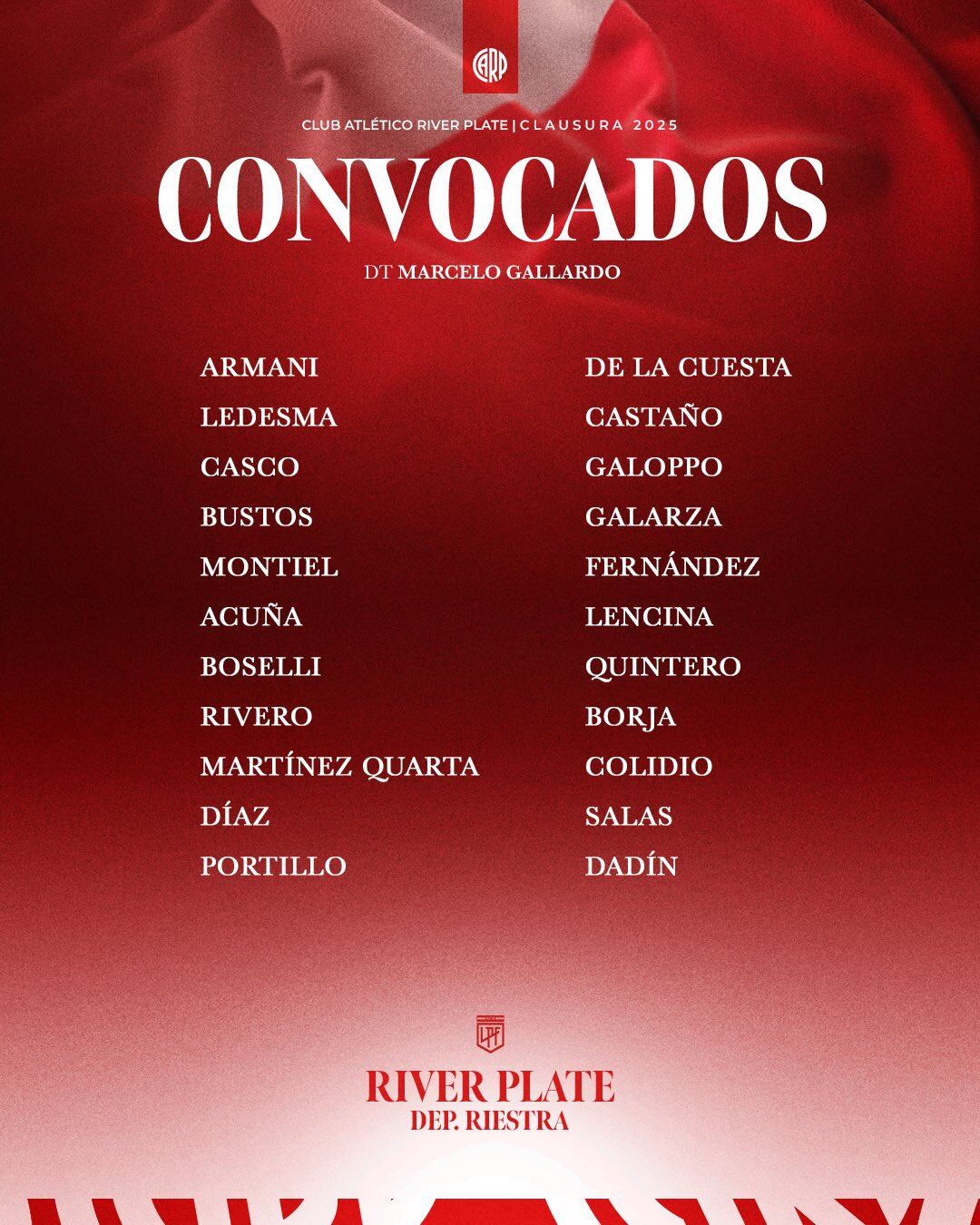 Los futbolistas que representarán al Millonario en el choque contra Riestra (@RiverPlate)