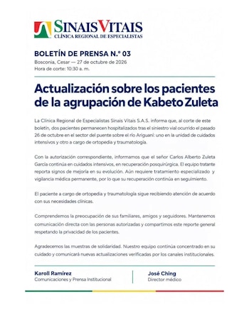 La Clínica Regional de Especialistas Sinais Vitais mantiene bajo vigilancia especializada la recuperación posquirúrgica del cantante vallenato - crédito @kbetozuleta/Instagram
