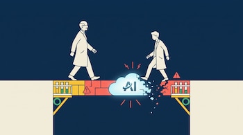 Dos personas con bata de laboratorio caminan sobre un puente, cuyo tramo central con el símbolo de inteligencia artificial se fractura.