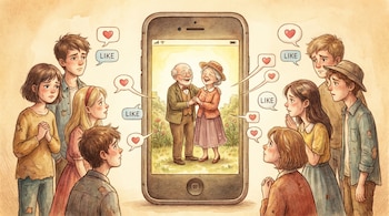 Una ilustración detalla un teléfono móvil con una pareja de ancianos cariñosos en su pantalla. Jóvenes con rostros pensativos lo rodean, con burbujas de "Like" y corazones.