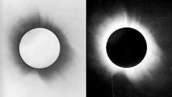 Negativo y positivo del eclipse de Sol de 1919, obtenido por Sir Arthur Eddington en la expedición para verificar si la luz procedente de las estrellas próximas a la corona solar era ligeramente desviada por el campo gravitatorio del Sol, de acuerdo con las predicciones de Einstein