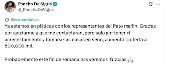 El creador de contenido afirma en redes sociales que su interés por el Pato Merlín no es broma y que pagará una cantidad para integrarlo al proyecto.