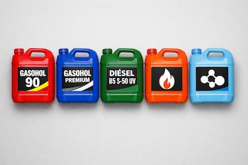 Cinco bidones de combustible de colores (rojo, azul, verde, naranja, celeste) con etiquetas que indican Gasohol 90, Gasohol Premium, Diésel, GLP y GNV.