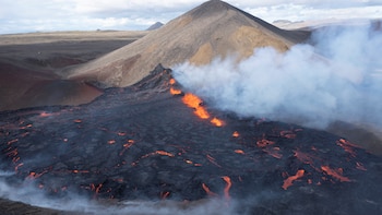 Fagradalsfjall volcano erupts in Meradalir near Reykjavik, Iceland August 3, 2022 in this picture obtained from social media. Iceland FPV/via REUTERS THIS IMAGE HAS BEEN SUPPLIED BY A THIRD PARTY. MANDATORY CREDIT. NO RESALES. NO ARCHIVES.