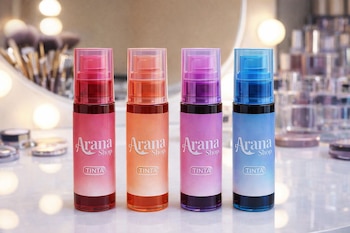 Cuatro botellas de cosméticos con dispensador, de colores rosa, naranja, púrpura y azul, sobre una mesa con espejo iluminado y brochas de maquillaje.