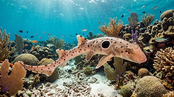 Un tiburón de piel moteada y una mancha negra circular nada cerca del fondo marino repleto de corales y peces pequeños.
