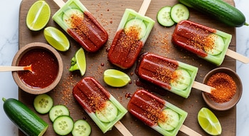 Varias paletas de pepino con chamoy y chile en polvo, dispuestas sobre una tabla de madera junto a pepinos, limas y tazones con chamoy y chile.