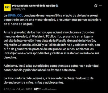 El Ministerio Público pidió la intervención de la Fiscalía General de la Nación, Migración Colombia, el Icbf y la Policía de Infancia y Adolescencia - crédito @PGN_COL / X