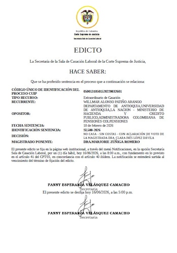 La Sentencia es SL500-2026 fija reglas clave sobre la causación de la pensión de jubilación convencional y el cumplimiento concurrente de requisitos - crédito Corte Suprema de Justicia