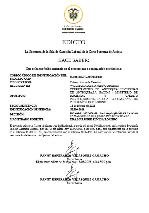 La Sentencia es SL500-2026 fija reglas clave sobre la causación de la pensión de jubilación convencional y el cumplimiento concurrente de requisitos - crédito Corte Suprema de Justicia