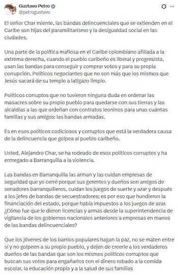 El jefe de Estado denunció apoyos de políticos del Atlántico a grupos paramilitares - crédito @petrogustavo/X