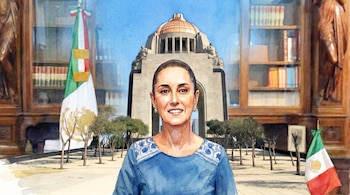 Retrato en acuarela de Claudia Sheinbaum sonriendo, al frente del Monumento a la Revolución, con la bandera de México y estanterías a los lados.