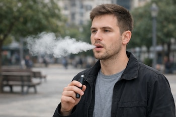 Joven adulto caucásico, con barba incipiente, exhalando vapor de un vapeador en una plaza urbana. Lleva chaqueta negra y camiseta gris. Fondo borroso.