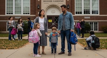 Un grupo de padres y niños con mochilas está de pie en la acera frente a la entrada de la escuela Brookside Elementary, con un cartel de 'SCHOOL CLOSED' en la puerta.