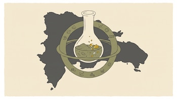 Matraz de laboratorio con sedimentos y fragmentos minerales dentro de anillos con iconos, sobre la silueta oscura de un mapa territorial.