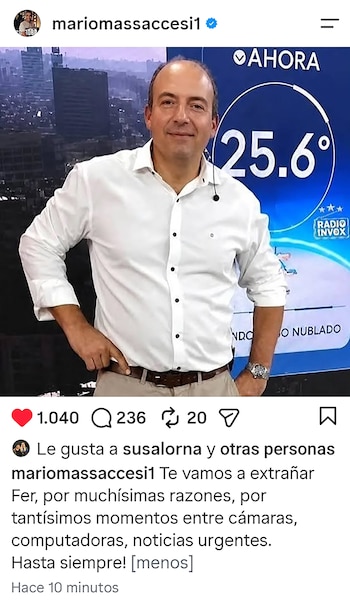 Fernando Confessore viste camisa blanca y sonríe frente a un panel del pronóstico del tiempo en una publicación de redes sociales