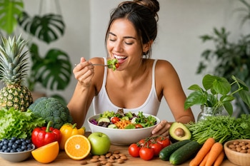Una mujer come ensalada con un tenedor frente a una mesa con piña, brócoli, pimientos, naranjas, aguacate, tomates y zanahorias.