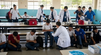 Personal médico con batas blancas y uniformes azules atiende a estudiantes sentados en el suelo y bancos en una escuela de Guatemala, con material médico sobre las mesas.