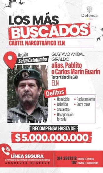 Recompensa alias Pablito ELN - crédito Ministerio de Defensa de Colombia