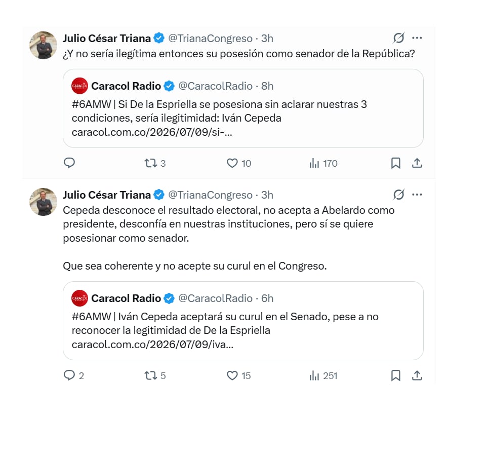 En sus mensajes en X, el representante Julio César Triana lanzó duras críticas al senador Iván Cepeda, por cuenta de su postura frente a la llegada de Abelardo de la Espriella al poder - crédito @TrianaCongreso/X