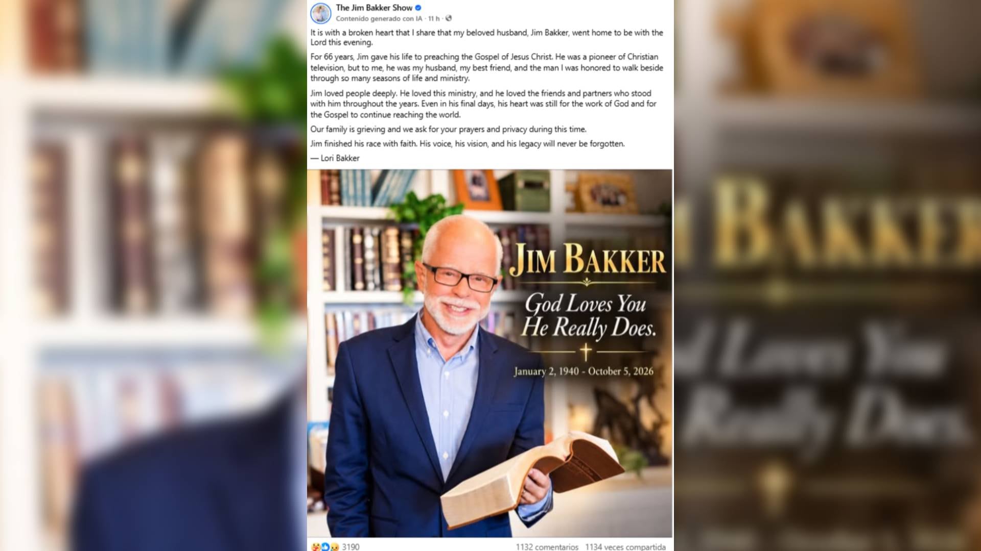 Una publicación en redes sociales anuncia el falso fallecimiento del televangelista estadounidense Jim Bakker. (The Jim Bakker Show)