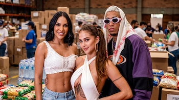 Andrea Valdiri, Greeicy y Pirlo posan en primer plano. Detrás se aprecian estanterías, cajas, paquetes de alimentos, botellas de agua y personas.