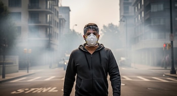 Un hombre con mascarilla N95 y protector facial transparente camina en una calle con humo denso y edificios de ciudad al fondo.