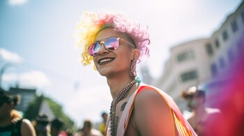 Desfile del Orgullo LGBTQ, calles llenas de colores vibrantes y empoderamiento. Trajes festivos, colores arcoíris, alegría, diversidad y comunidad LGBTQ. Amor y aceptación. Bandera arcoíris. (Imagen ilustrativa Infobae)
