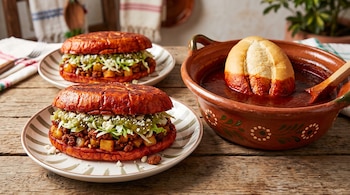 Dos pambazos preparados sobre platos de cerámica junto a una cazuela de barro que contiene salsa roja y un pan sumergido.