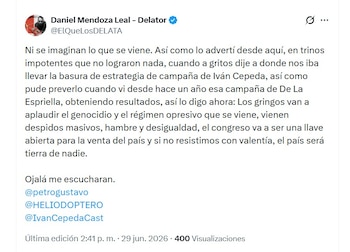 Daniel Mendoza aseguró que Iván Cepeda tuvo la oportunidad de representar a millones de ciudadanos, pero considera que perdió esa posibilidad tras aceptar la derrota electoral - crédito @ElQueLosDELATA/X