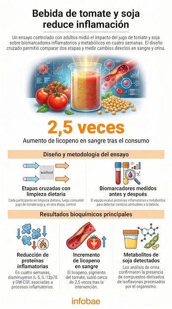 Infografía científica sobre un estudio de bebida de tomate y soja, mostrando un vaso de la bebida, tomates, soja, y diagramas de vasos sanguíneos y moléculas.