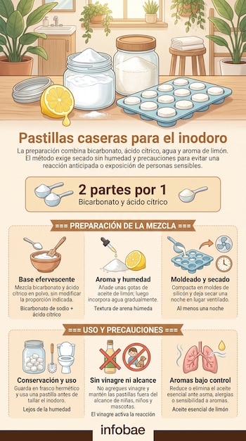 Frascos de vidrio, un limón y moldes con tabletas sobre una mesa, acompañados por un gráfico explicativo dividido en seis secciones.