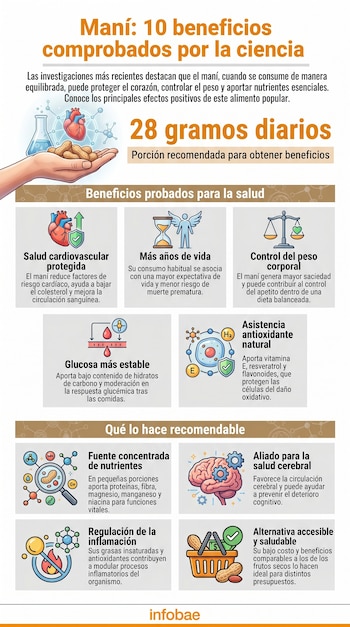 Infografía que ilustra 10 beneficios para la salud del maní, con iconos representativos de corazón, cerebro, peso, glucosa, antioxidantes y más.