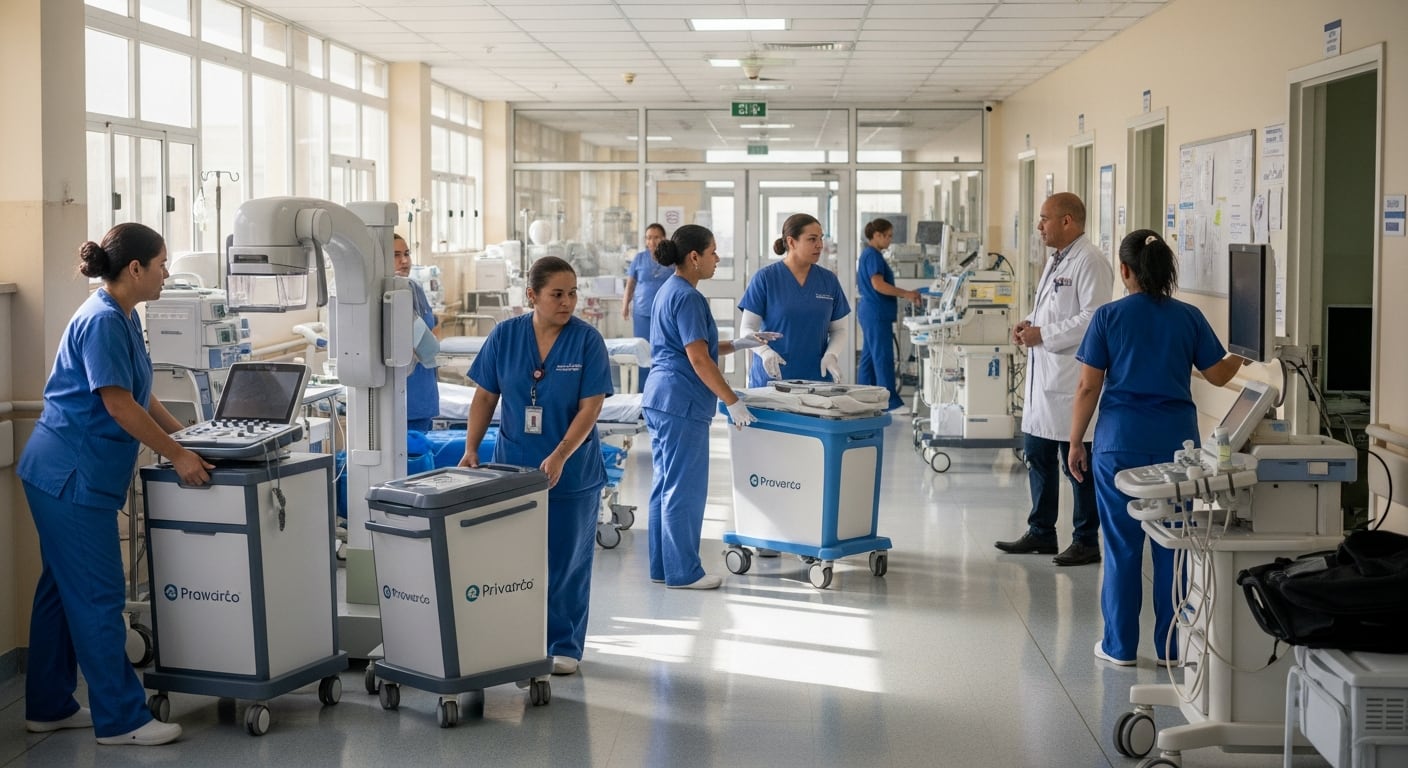 Personal médico en un hospital público dominicano retira equipos de proveedores privados como parte de la nueva gestión estatal que asume el control total de los servicios hospitalarios. (Imagen Ilustrativa Infobae)