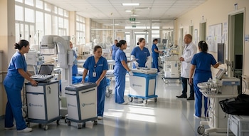 Personal médico con uniformes azules mueve equipos médicos en un pasillo de hospital soleado. Varias enfermeras empujan carritos con monitores y otras interactúan con un doctor.