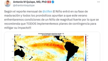 Mediante una publicación en sus redes sociales, el investigador Antonio Quispe instó a mantenerse en alerta y estar prevenidos por lo que se pueden venir en las próximas semanas con el Fenómeno El Niño en fase de maduración.