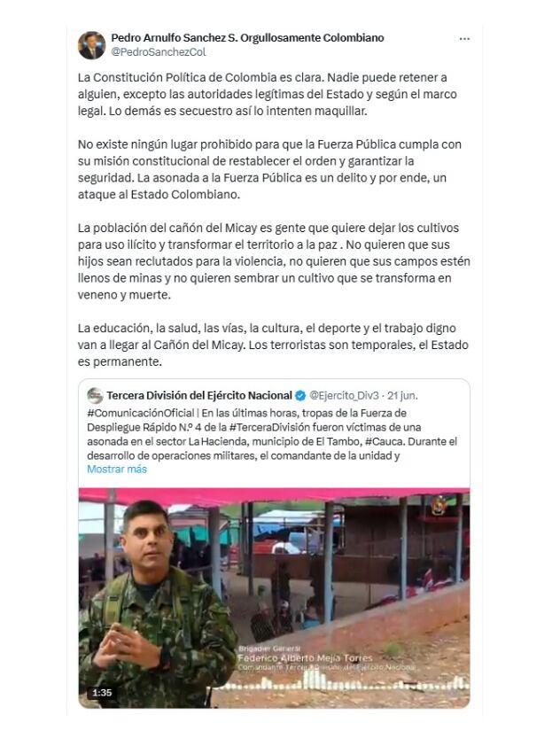Con esta publicación, el general (r) Pedro Sánchez, ministro de Defensa, se expresó sobre situación en El Plateado - crédito @PedroSanchezCol/X