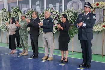 Autoridades presentes en el homenaje de este 11 de julio. Crédito: SSP Michoacán
