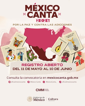 Cartel promocional del programa México Canta 2026 con un mapa de México, cartas de lotería con símbolos de estados y fechas de registro