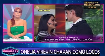 Pantalla dividida mostrando a Magaly Medina en un set de TV y, a la derecha, a Onelia Molina y Kevin Díaz mirándose fijamente
