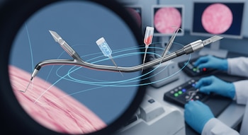 Imagen microscópica de un robot quirúrgico flexible con herramientas intercambiables sobre tejido biológico. Manos con guantes azules operan controles frente a monitores médicos.