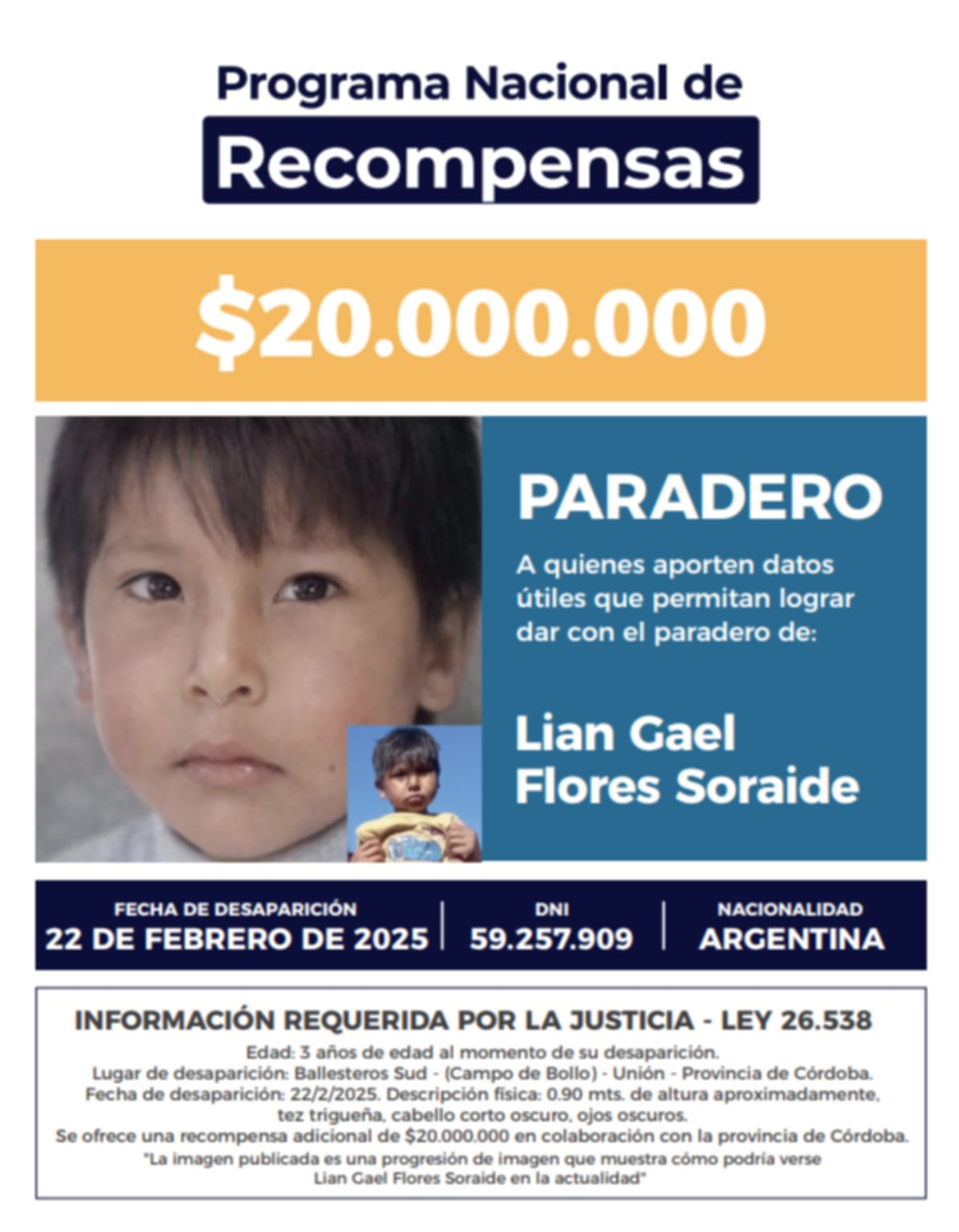 El Gobierno nacional ofrece una recompensa de $20.000.000 por datos útiles que permitan encontrar a Lian Gael Flores Soraide, mientras que la provincia sumó 10 millones de pesos (Afiche)