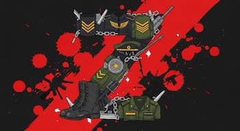 Ilustración abstracta de la letra 'Z' formada por botas, uniformes, insignias militares, cadenas y armas sobre un fondo negro con salpicaduras rojas.