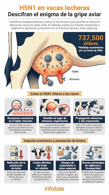 Infografía sobre la gripe aviar H5N1 en vacas lecheras, mostrando un diagrama de la ubre infectada, gráficos de pérdidas económicas y riesgos de transmisión.