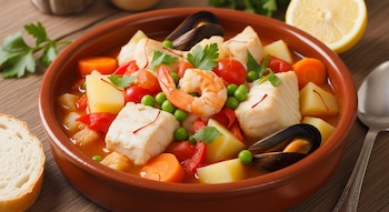 Chupín de pescado casero en cuenco de barro, con pescado blanco, camarón, mejillones, patatas, zanahorias, guisantes, tomates. Se ve pan y limón al lado.