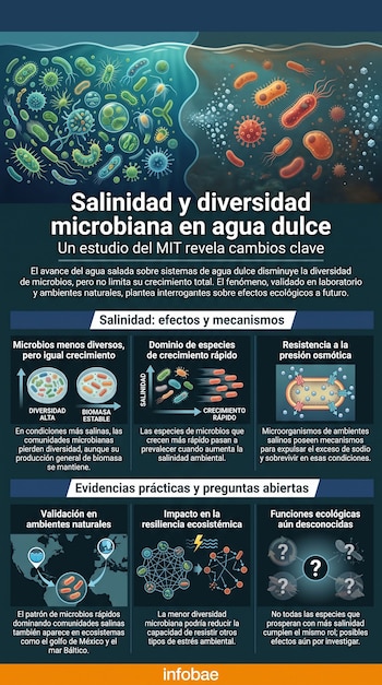 Infografía con título Salinidad y diversidad microbiana en agua dulce, ilustra microbios, texto explicativo, diagramas y logos del MIT e Infobae