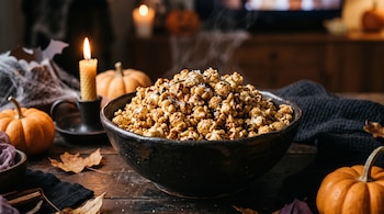 Tazón negro lleno de palomitas de maíz junto a velas encendidas, calabazas pequeñas y hojas secas sobre una mesa de madera.