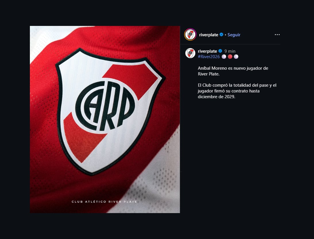 El comunicado de River oficializando la llegada de Aníbal Moreno (@RiverPlate)