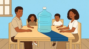 Ilustración de una familia con piel canela y cabello rizado, sentada en una mesa beige, observando un botellón de agua azul celeste con una sombra azul oscuro.