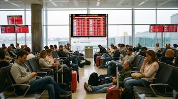 Personas sentadas en la sala de espera de un aeropuerto con equipaje, mirando pantallas de salidas que indican retrasos en los vuelos.